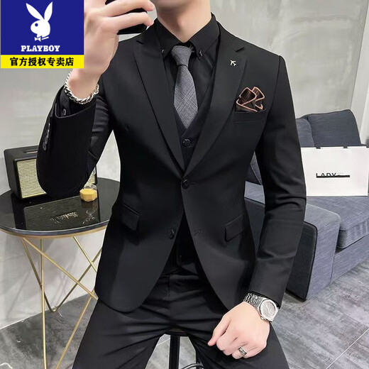 Playboy suit men's high-end business casual suit Korean version slim fit groom and best man wedding dress full set men's black 2-button two-piece set 2XL recommended 135-145Jin Jin equals 0.5 kg