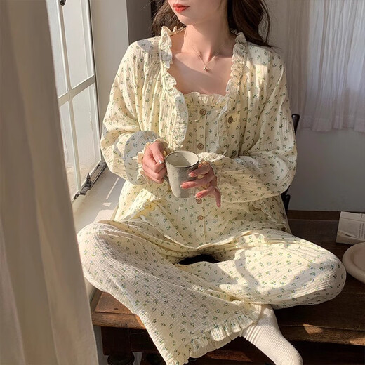 梦特娇（MONTAGUT）云朵棉睡衣女春秋季长袖吊带三件套可爱树叶纯欲风家居服2025新款 tfn#f9929 均码 m建议75-95斤