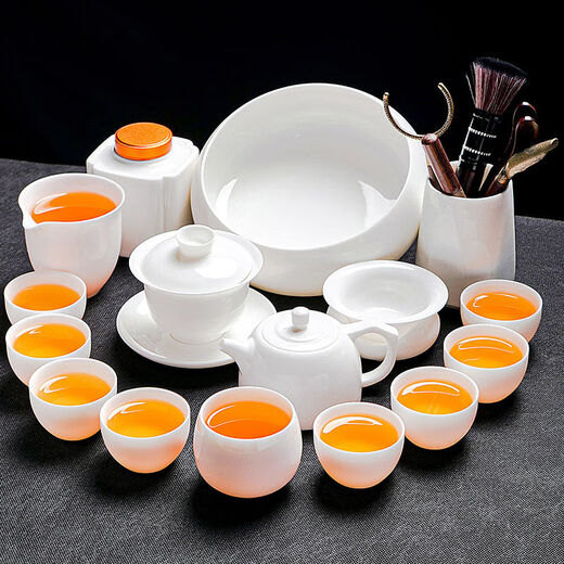 Tuojin German imported quality Dehua mutton-fat jade tea set household light luxury high-end white jade white porcelain kungfu teapot sweet white mutton-fat jade well railing teapot 10 pieces