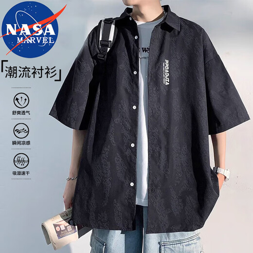 NASA MARVEL short-sleeved shirt men's summer lapel shirt casual wear half-sleeved men's jacket loose top white XL