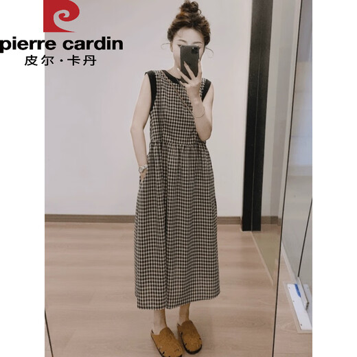 
Pier Cardin American retro plaid vest mid-length skirt for women's temperament, fashionable loose slimming back strapless dress for back plaid vest dress 9855 XL (125-140