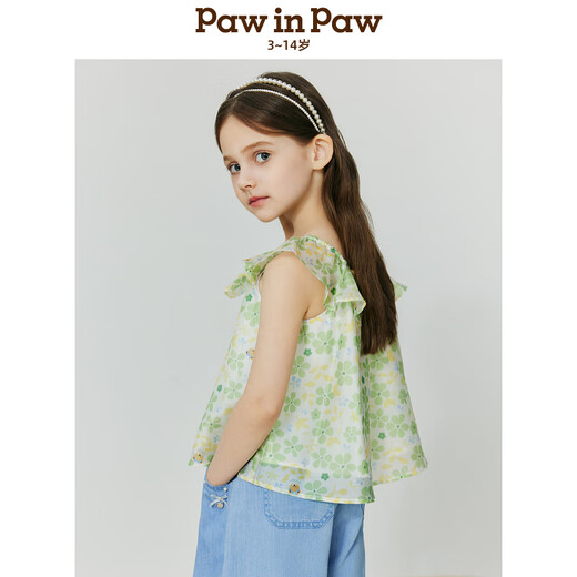PawinPaw Cartoon Bear Children's Clothing 25th Spring and Summer New Girls Cute Lapel Sleeveless Shirt Sweet Green/40 130