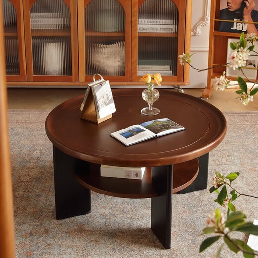 Qingziyou French retro solid wood coffee table, antique style round tea table 2025 new American home small apartment side table furniture, walnut color + rubber wood, diameter 80CM