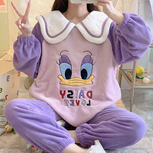 FHHUABD Pajamas Women's Autumn and Winter Flannel Korean Style Sweet Cartoon Princess Style Home Clothes Coral Velvet Thickened Warm Suit 9934 Velvet Pink Bow L