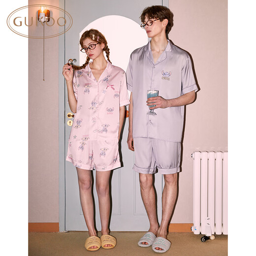 Gukoo Pajamas Couple Summer Stitch Co-branded Cute Cartoon Loose Ladies Home Clothes Suit Men Light Gray Pink M