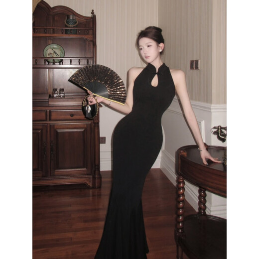 Chuangjingyi chooses fishtail skirt dress, new Chinese style national style black improved cheongsam dress for women summer sexy evening dress fishtail bag Picture color S