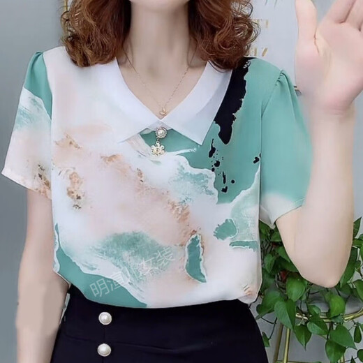 Rongxitu Camisa de gasa suelta de Rongxitu para mujeres de manga corta Summer Top Breathable Breatable Green 838 Modelos XL recomendado 85-110Jin [Jin iguala 0.5 kg]