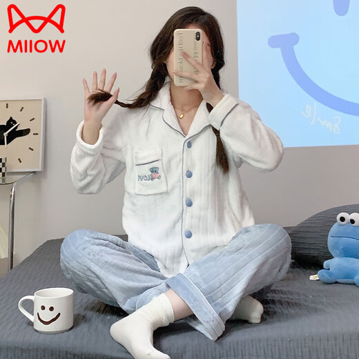猫人（MiiOW）珊瑚绒睡衣女2024年春秋冬季新款大码开衫加厚法兰绒家居服套装女 9901 XL建议115-130斤穿