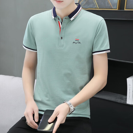 Summer men's lapel short-sleeved T-shirt for men's trendy polo shirt middle-aged stand collar half-sleeved T-shirt 673 bean green 2XL 135-150Jin [Jin equals 0.5 kg]