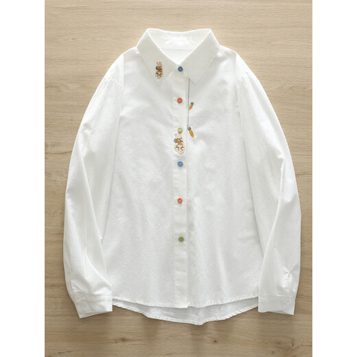 Oein Muhua Lane Women's Wear Literary Fresh Cartoon Embroidery Rabbit Carrot Colorful Buttons Front Shoulder Brushed White Shirt Women's Long White Pure Cotton Long Sleeve 175 L 120-130Jin Jin is equal to 0.5 kg