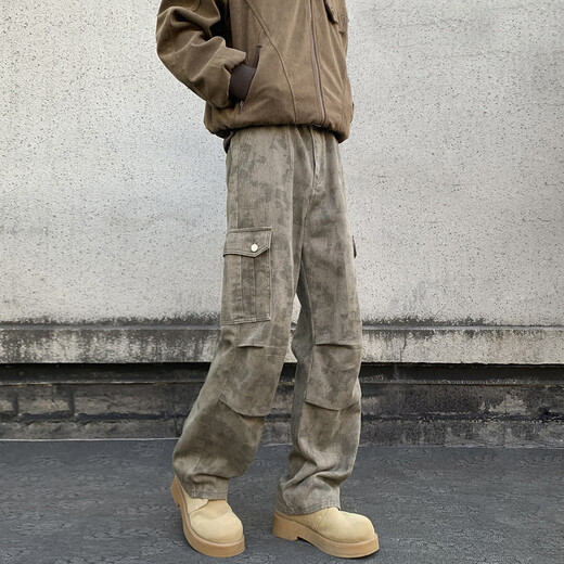 IZEXX Camouflage Work Casual Pants Men's Autumn Retro Versatile Wasteland Style Loose Straight Long Pants IZ53 Khaki 3XL