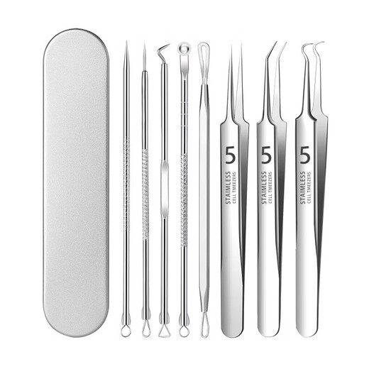 Nilan Cell Clip Stainless Steel Acne Clip 8-piece Set Blackhead Needle No. 5 Acne Clip Acne Remover Needle Beauty Tools 8 Pieces No. 5 Set-Silver Iron Box Ten-fold Mirror