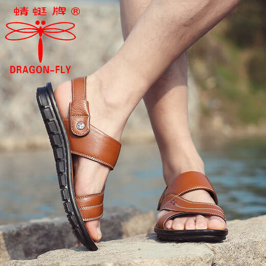 蜻蜓牌2025夏季新款一字拖鞋男士防滑大码潮凉拖两用皮凉鞋男鞋沙滩鞋 棕色12129 41