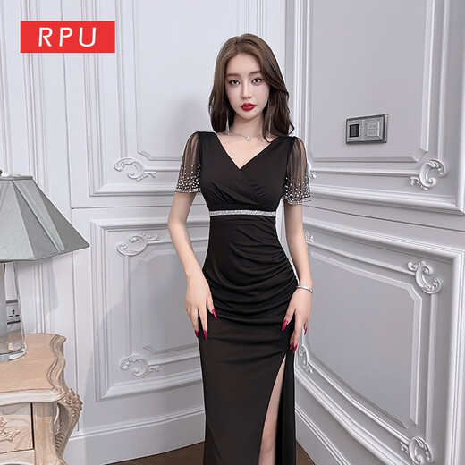 Kuzhang KTV Vestido de noche Mujer 2025 Nuevo Sexy Escotado Falda larga y delgada Técnico de baño de pies Ropa de trabajo Vestido dividido 3883 Negro Talla única 2xl