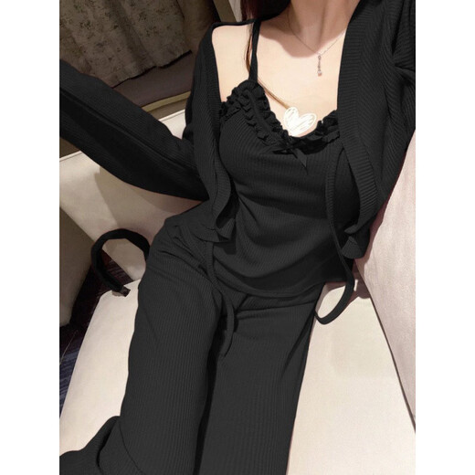 FHHUABD French pure lace sexy women's pajamas with chest pad three-piece set spring and autumn bow suspender cardigan home clothes 677 cut men's lace three-piece set [with chest pad] L [Suggested 95-110Jin [Jin equals 0.5 kg]]