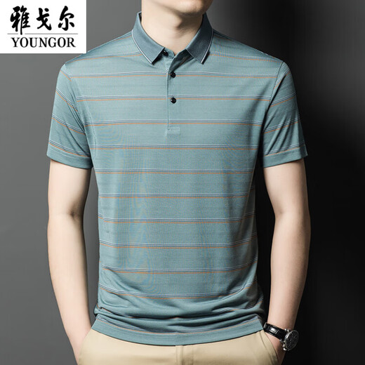 GY шелковая футболка с короткими рукавами для мужчин, высококачественная летняя одежда для папы с лацканами, полосатая рубашка-поло среднего возраста, тренд fcy-a829, зеленый, M, м 165, рекомендуется 100-120 Цзинь Цзинь равен 0,5 кг