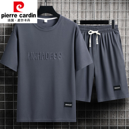皮尔卡丹（pierre cardin）休闲运动套装男夏季冰丝t恤薄款短裤大码短袖帅气搭配两件套 套装-TZ829卡其上衣+裤子 M 建议90-110斤
