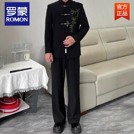 ROMON New Chinese Style Green Bamboo Embroidery Shoulder Pads Button Suit Jacket Fashionable Men's Tunic Suit Stand Collar Tang Suit Small Suit Black Green XL