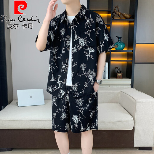 Pierre cardin ice silk short-sleeved shirt suit men's summer casual cool quick-drying floral shirt with beach shorts two-piece set 679 meters white suit M 90-110Jin [Jin equals 0.5 kg]