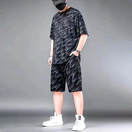 离境天新品短袖t恤胖子冰丝男套装夏季运动速干套装加肥加大码男装宽松 829冰丝黑色套装 2XL 均码