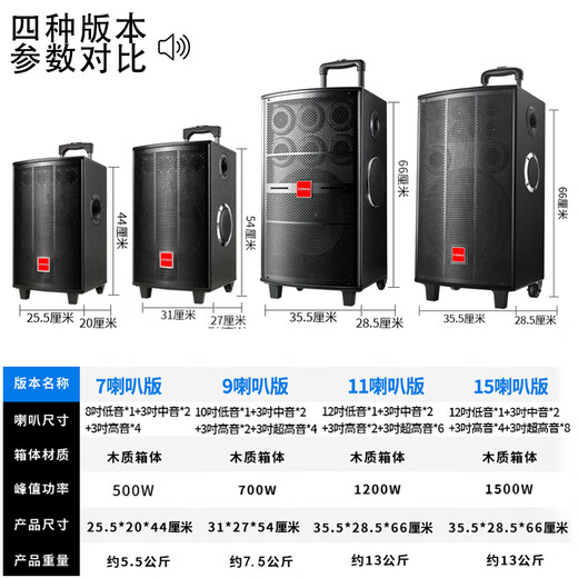 Konka square dance audio three-way outdoor mobile trolley performance singing karaoke wooden speaker subwoofer home portable Bluetooth high power high volume with wireless microphone 15 speakers + 1 rechargeable microphone