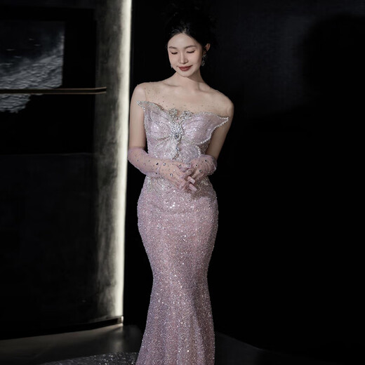 COMMAX Heavy Industry Sequined Evening Gown Temperament Socialite Light Luxury Host Pink Tube Top Fishtail Engagement Toast Dress Pink L