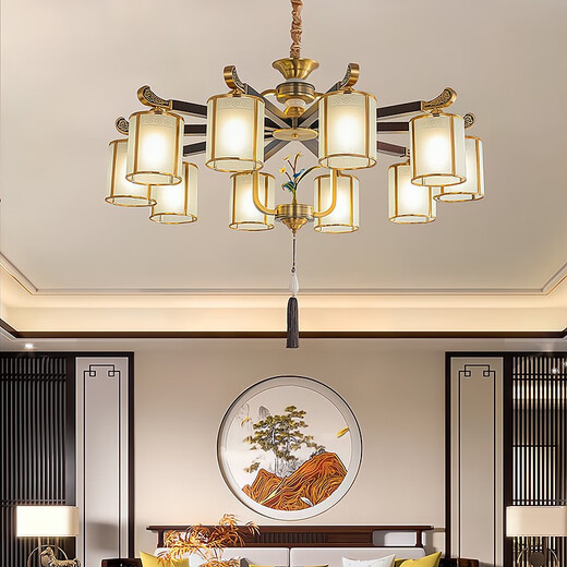 欧普照明（OPPLE）2025新款朝下全铜新中式客厅吊灯中国风高端大气别墅餐厅茶室大厅 9889-全铜6头 全光谱三色led灯