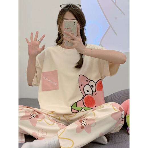 Wu Ju (WUJIU) Junior high school girl 2025 summer thin short-sleeved trousers cute big boy 13-year-old girl pajamas 6626- Chicken Pacha-HZM-short-sleeved trousers-M Women (height 150-158, weight 65-85 Jin [Jin equals 0.5 kg])