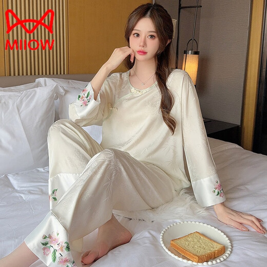 MiiOW Spring and Autumn Pajamas Women's Long Sleeve Thin Silk New Chinese Style Retro Suit Women's Cool Feeling Ice Feeling Home Clothing YL-728 Purple Butterfly M