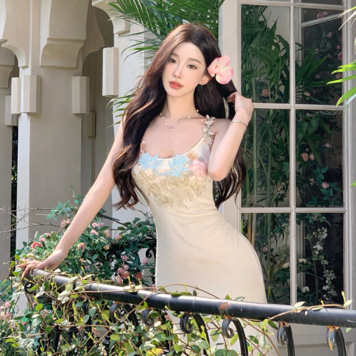 以欧（YIOU）法式花朵鱼尾连衣裙春穿搭包臀掐腰吊带网纱长裙9227 浅杏色 M