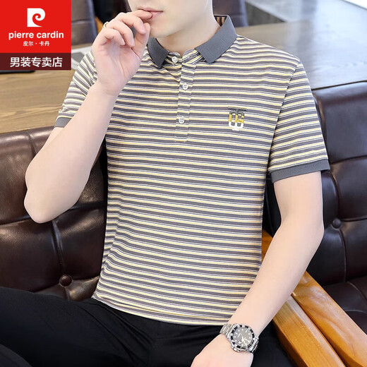 皮尔卡丹（PIERRE CARDIN）男士条纹短袖polo.衫夏季薄款纯棉带领t恤潮流百搭冰丝上衣服V 6626卡其色 M 斤左右