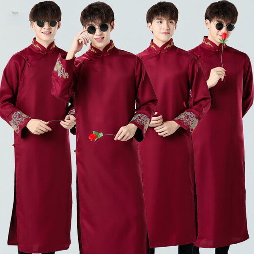 Zhiqiang groomsmen suit Chinese style wedding dress Chinese style brother group costume wedding cross talk suit coat mandarin jacket student performance wine red embroidery style glasses and roses good quality XL 175- 92A 140-150Jin Jin equals 0.5 kg