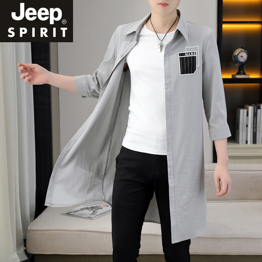 JEEP SPIRIT夏季风衣男长款披风时尚潮流男装中袖外套轻薄透气防晒服灰色长衫 灰色 M