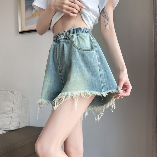 Pantalones de mezclilla con bordes de piel de gran tamaño para mujeres con una línea A-patada ancha de pierna ancha para alumnos de estilo delgado de verano y apretados estudiantes de cintura alta 200 Jin [Jin equivale a 0.5 kg] grasa MM [6630: pantalones cortos de cintura alta retro] M [sugerido 100 Jin [Jin equivale a 0.5 kg] a continuación]