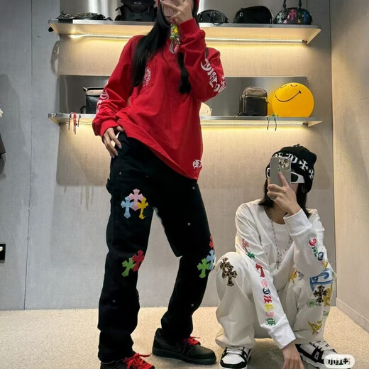 Crowxin offizieller 2025 Trendy Brand Cross Stickerei High Street Amerikanische vielseitige Männer und Frauen lose Jeanshosen gerade Hosen 9928 Black 9928 Black S