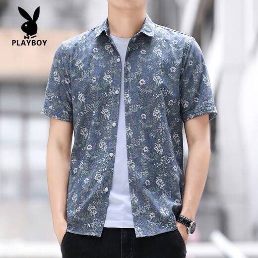 Playboy (Playboy) Blumenhemd Herren kurzärmelig 2025 Sommer koreanischer Stil Trendy Slim Shirt Casual und hübsch halbärmelig dünne Ice Seidenzoll Jacke ZZ829 Blau M 90-108jin [Jin gleich 0,5 kg]