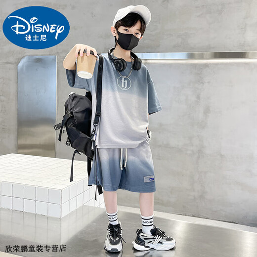 迪士尼宝宝男童夏装套装2025新款儿童中大童男孩渐变帅气短袖两件套夏季童装 灰色 偏蓝灰 150 建议140-150cm11-12岁cm