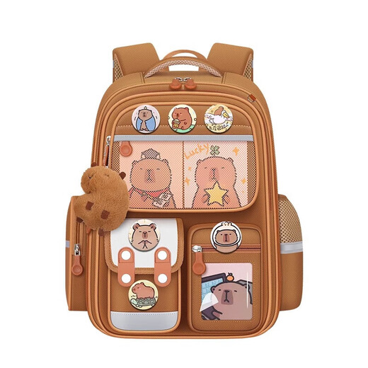 Lugeli primary school students' schoolbags, boys' and children's backpacks, women's new Kapibara large-capacity backpack for grades 1, 2, 3 to 6, Kapibara brown large, free ten-piece set