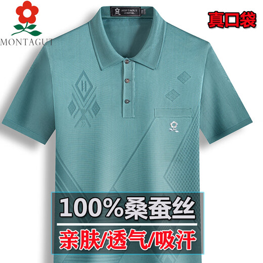 梦特娇夏季桑蚕丝t恤男士中年纯色商务真丝上衣短袖Polo衫爸爸装 838苹果绿 均码 16580A