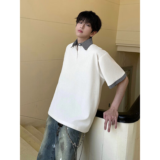 NYING American fake two-piece short-sleeved polo shirt for men 25 summer new high street fashion brand three-quarter sleeve spliced loose top black XL (120-140Jin Jin equals 0.5 kg)