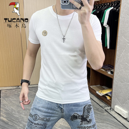 啄木鸟（TUCANO）t恤男士2025夏季新款短袖T恤男修身个性刺绣烫钻欧货丝光棉体恤男 724闪电R黑色 6XL