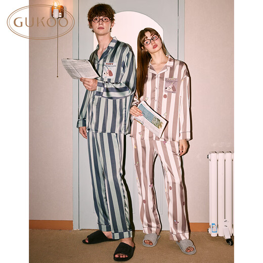 Gukoo Couple Pajamas Spring and Autumn Style Boom Boom Puppy Maillard Simple Striped Women's Long Sleeve Cartoon Men's Home Clothing A Striped Puppy Couple Suit S Women