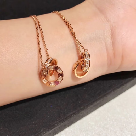 Prico version 18K gold double ring necklace with diamonds for women, rose gold platinum niche, light luxury, high-end, non-fading double ring necklace without diamonds (rose gold), eyes closed