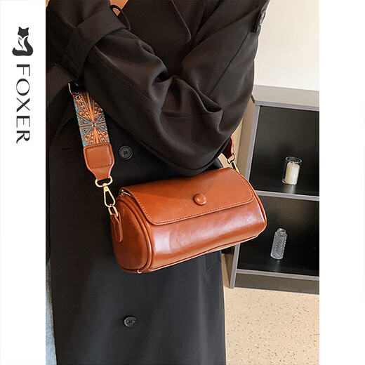 Golden Fox Retro Boston Pillow Bag 2025 New Spring Shoulder Crossbody Bag-like Cylindrical Bag Brown-Brown Gift Box Packaging