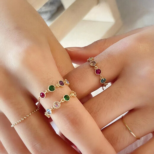 ZHIO high-end Korean pure 14K gold ring for women, round colorful diamond pull-out, adjustable soft ring, K gold ring, No. 1 color, pull-out and adjustment, maximum adjustable 18