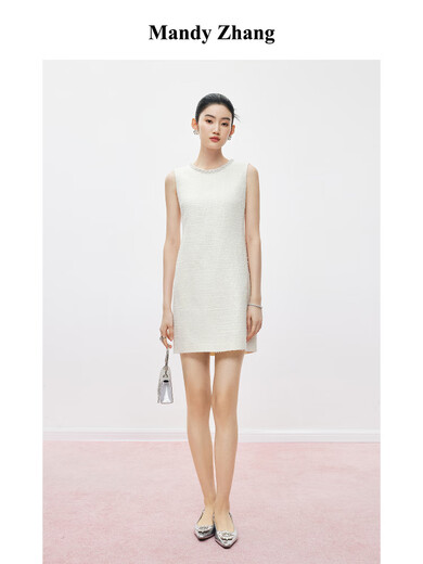 Mandy Zhang white daughter-in-law style beaded diamond collar vest dress women's summer temperament dress short skirt Gardenia White S