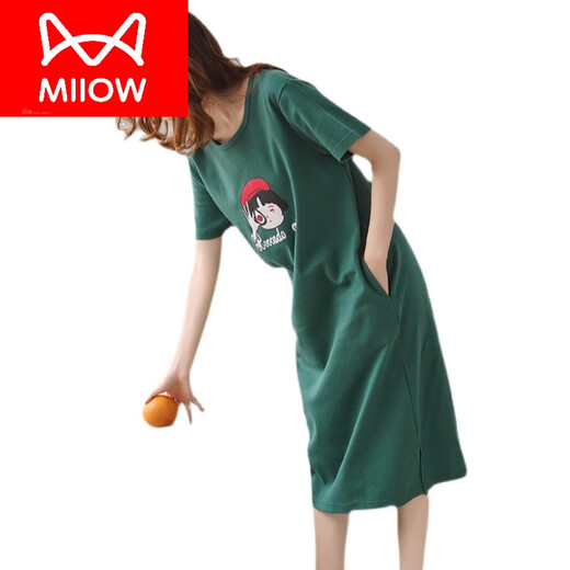 猫人（MiiOW）带bra睡裙女夏季纯棉短袖带胸垫长款过膝可爱大码可外穿家居服 9902#(不带胸垫) 3XL