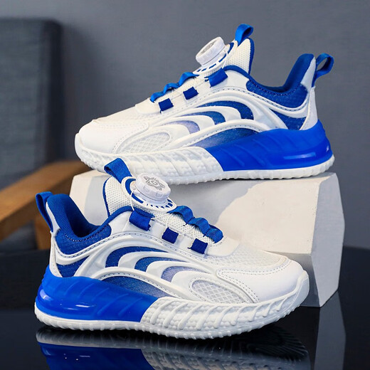 Kenopo children's sports shoes rotating button spring and summer new small white shoes student mesh breathable running shoes - LS9903 white 28
