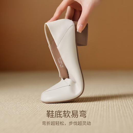 ZHR粗跟单鞋女经典拼接工作皮鞋通勤一脚蹬浅口女鞋软底AH673米色38