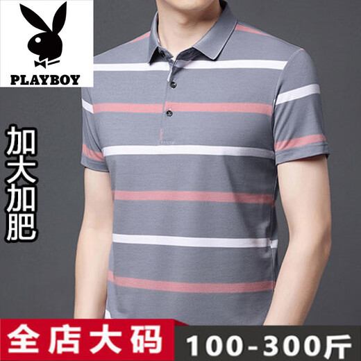 花花公子高端品牌纯棉短袖T恤男装夏季加肥加大肥佬条纹百搭商务POIO衫 1695蓝色 M 165码建议100-120斤